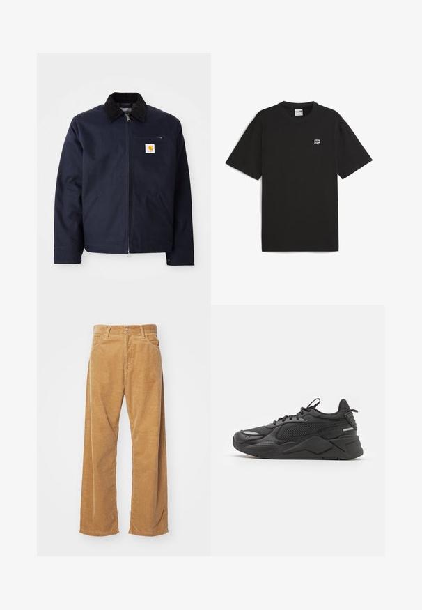 Námořnická modrá bunda z plátna s černým manšestrovým límcem, zapínání na zip, přední kapsa a logo na levé hrudi.; Černé tričko s krátkým rukávem vyrobené z bavlny, s kulatým výstřihem a malým bílým logem na hrudi. Jednoduchý, volný střih.; Bavlněné široké kalhoty z kordu v odstínu tan. Mají texturované, vertikální pruhy, standardní pas a dvě přední kapsy.; Černé tenisky s texturovaným svrškem, obsahující síťovinu a syntetické materiály, silnou podešví a reflexními prvky pro lepší viditelnost.