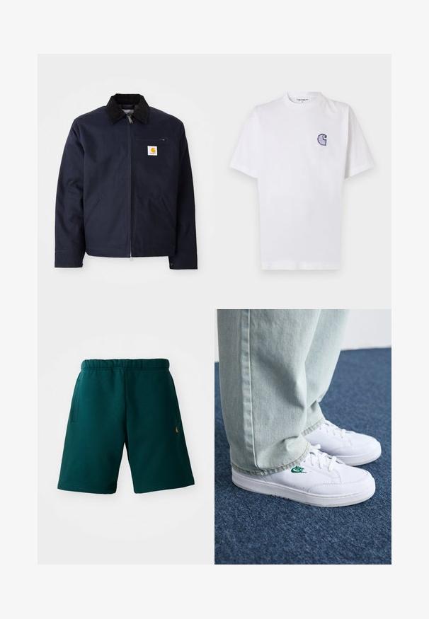 Tumed sinine keebus, mis on valmistatud kanvasest, musta kampsuni kraega, lukuga, ees taskuga ja logo plaastriga vasakul rinnal.; Valge puuvillane t-särk lühikeste varrukatega, ümara kaelusega ja vasakul rinnal väike tikitud sinine "C" logo.; Tumedad rohelised puuvillased lühikesed püksid elastse vöökohaga, küljetaskud ja väike logo alumisel küljel. Sile tekstuur ja põlve pikkune disain.; Valged nahast tennisetossud rohelise Nike logo ja ümarate varvastega, lamedate taldadega, koos helesiniste teksapükstega, esitatud sinisel vaibal.