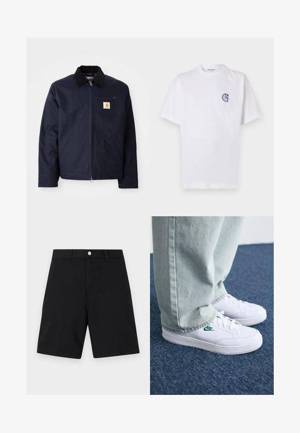 Marineblaue Jacke aus Segeltuch mit schwarzem Cordkragen, Reißverschluss, Fronttasche und Logopatch auf der linken Brust.; Weißes Baumwoll-T-Shirt mit kurzen Ärmeln, rundem Halsausschnitt und einem kleinen, gestickten blauen "C"-Logo auf der linken Brustseite.; Schwarze Baumwollshorts mit einem Taillenbund und einem silbernen Knopf, geradem Bein-Design und minimalen Nähten für einen sauberen Look.; Weiße Leder-Sneaker mit grünem Nike-Logo, runde Zehenpartie, flache Sohle, kombiniert mit hellblauen Jeans, präsentiert auf einem blauen Teppich.