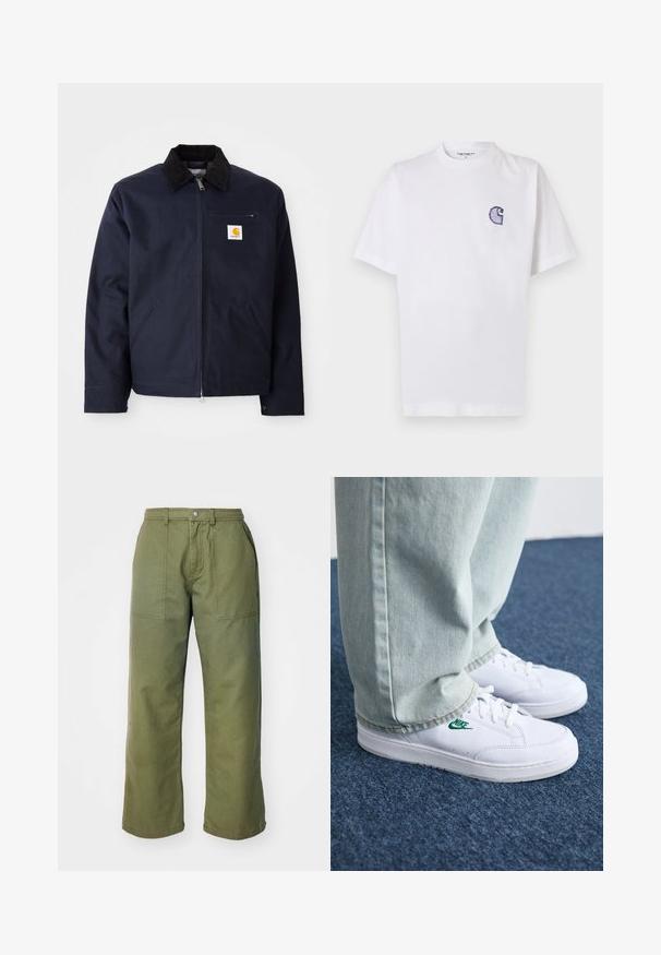 Granatowa kurtka z kanwy z czarnym kołnierzem z sztruksu, zamek błyskawiczny, kieszeń z przodu i naszywka z logo na lewej piersi.; Biała bawełniana koszulka z krótkimi rękawami, okrągłym dekoltem i małym, niebieskim haftowanym logo "C" na lewej stronie klatki piersiowej.; Oliwkowe spodnie z szerokimi nogawkami, wykonane z mocnego materiału, z zamkiem błyskawicznym, przednimi kieszeniami oraz prostymi detalami stawów.; Białe skórzane sneakersy z zielonym logo Nike, okrągły czubek, płaska podeszwa, zestawione z jasnoniebieskimi dżinsami, pokazane na niebieskim dywanie.