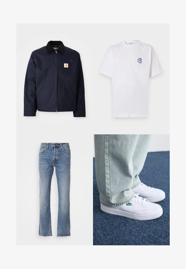 Jachetă albastru închis, din pânză, cu guler din catifea neagră, închidere cu fermoar, buzunar frontal și patch cu logo pe pieptul stâng.; Tricou alb din bumbac, cu mâneci scurte, guler rotund și un mic logo brodat albastru "C" pe partea stângă a pieptului.; Jeans din denim de culoare albastră deschisă, cu un design drept, având cinci buzunare și un buton metalic mic pe talie. Detaliu cu margini destrămate.; Adidași din piele albă cu logo-ul Nike verde, vârf rotund, talpă plată, asortați cu pantaloni din denim bleu deschis, prezentați pe un covor albastru.