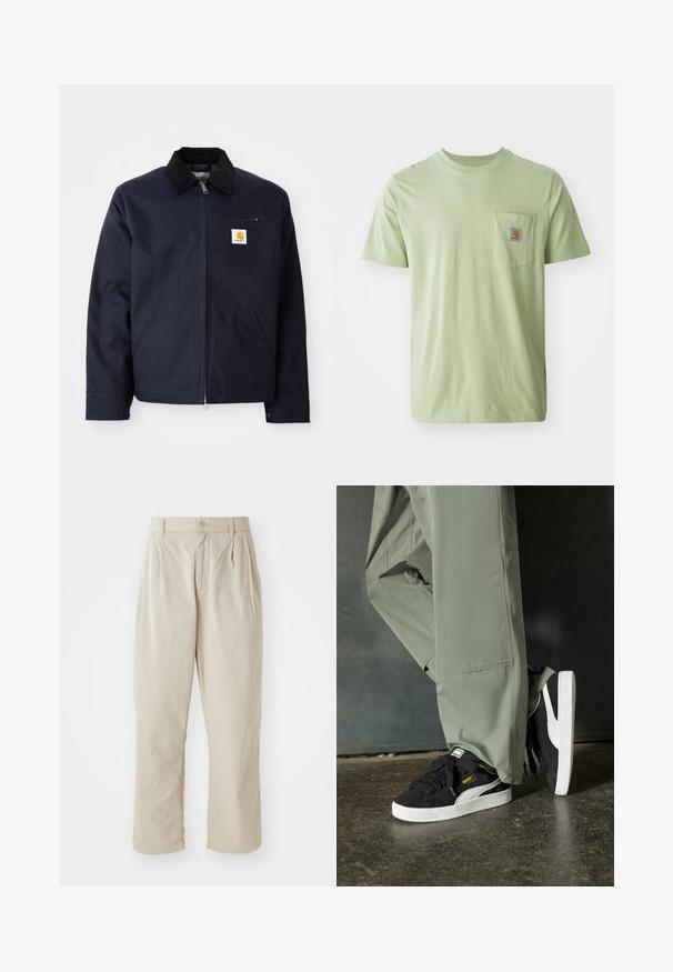 Mornarsko plava jakna od platna s crnim kordura ovratnikom, zatvaranje na zip, prednji džep i logo zakrpa na lijevoj strani prsiju.; Svijetlo zelena majica s kratkim rukavima napravljena od mekanog materijala, s prsnom džepom na kojem se nalazi kvadratna oznaka. Jednostavan, neukrašen dizajn.; Beige, lagani hlače s opuštenim krojem, uložnim nabranim dijelovima sprijeda, zatvaranjem na gumb i manžetama na rubovima. Glatka tekstura, minimalni dizajn.; Crne nubuk tenisice s bijelim gumennim potplatima i bočnim trakama, uparene s svijetlozelenim cargo hlačama, stoje na teksturiranoj tamnoj površini.