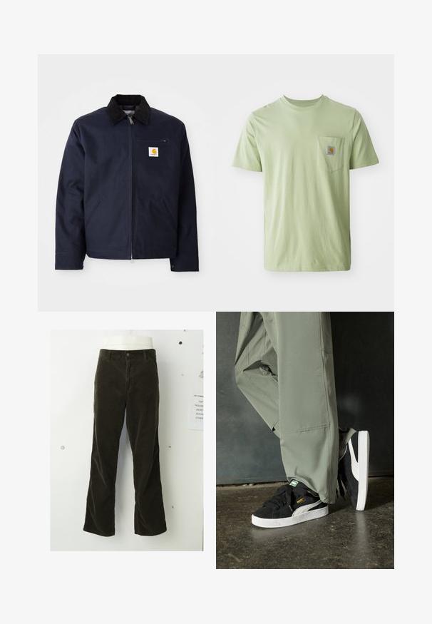 Navy blue jacket made of canvas with a black corduroy collar, zip closure, front pocket, and logo patch on left chest.; Light green short-sleeve t-shirt made of soft fabric, featuring a chest pocket with a square logo patch. Simple, unadorned design.; Brown corduroy pants feature a flared design, vertical ribbed texture, front button closure, and standard pockets.; Black suede sneakers with white rubber soles and side stripes, paired with light green cargo pants, standing on a textured dark surface.