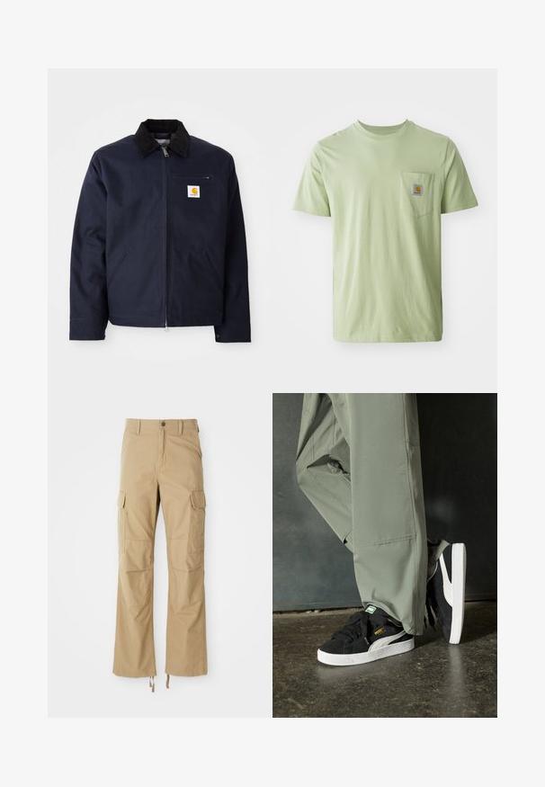 Marineblå jakke laget av lerret med krage i svart kordfløyel, glidelås foran, forlommer og logo-patch på venstre bryst.; Lys grønn t-skjorte med korte ermer laget av mykt stoff, med en brystlomme som har et kvadratisk logo-merke. Enkel, u dekorert design.; Khaki cargo bukser laget av slitesterkt stoff, med flere sidelommer, en rett ben design og justerbare snorer i kanten.; Sorte semskede sneakers med hvite gummisåler og sidestiper, sammen med lysegrønne cargo-bukser, står på en teksturert mørk overflate.
