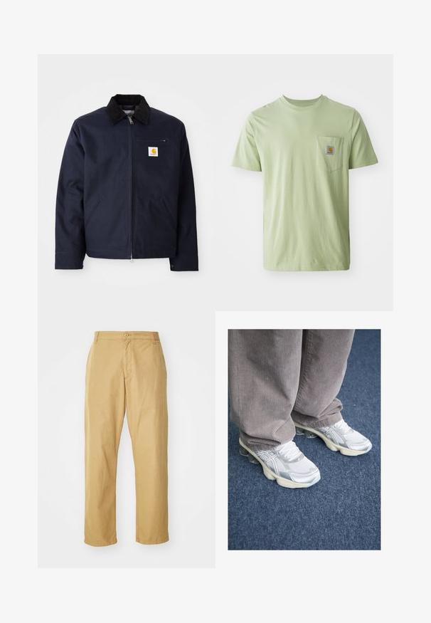 Marineblå jakke lavet af canvas med en sort velourkrave, lynlåslukning, frontlomme og logo-lap på venstre bryst.; Lysegrøn kortærmet t-shirt lavet af blødt stof, med en brystlomme der har et firkantet logo-patch. Enkel, udekoreret design.; Khaki chinos lavet af letvægtsstof med et lige ben-design, der har en frontknaplukning og sidelommer.; Hvide atletiksko i mesh med sølvfarvede detaljer, med en tyk sål og snøresystem. Båret med grå kordbuksbukser. Blåt tæppe i baggrunden.