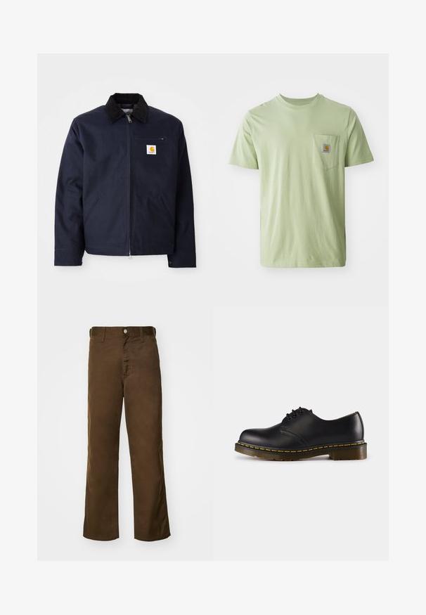 Merihenkinen sininen takki, joka on valmistettu kankaasta ja jossa on musta corduroy-kraavari, vetskarisulku, etutasku ja logopatchi vasemmassa rinnassa.; Vaaleanvihreä lyhythihainen t-paita, joka on valmistettu pehmeästä kankaasta ja jossa on rintatasku, jossa on neliölogo-ompelu. Yksinkertainen, koristelematon muotoilu.; Ruskeaka, suorat housut, jotka on valmistettu pehmeästä kankaasta, jossa on sileä rakenne. Housuissa on etupuolella nappikiinnitys ja perinteiset vyölenkit.; Musta nahkakenkä, jossa on pyöreä kärki, nauhakiinnitys, keltainen päällinen pohjan ympärillä ja tukeva, teksturoitu kumipohja.