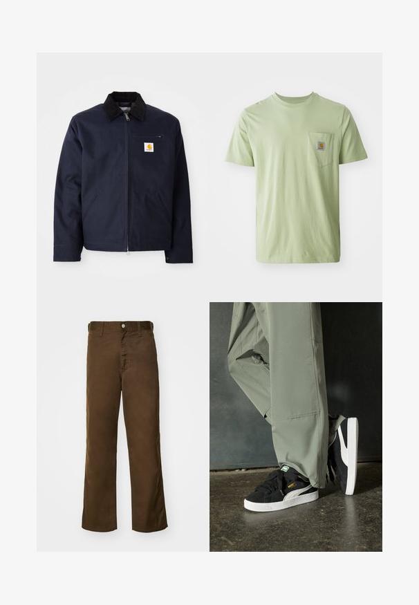 Marineblauwe jas van canvas met een zwart corduroy kraag, ritsluiting, een voorzak en een logo-opdruk op de linkerborst.; Lichtgroen t-shirt met korte mouwen van zachte stof, met een borstzak en een vierkante logopatch. Eenvoudig, onopgesmukt ontwerp.; Bruine, rechte broek gemaakt van zachte stof met een gladde textuur, met een sluiting met een voorknop en klassieke riemlussen.; Zwarte suède sneakers met witte rubberen zolen en zijstrepen, gecombineerd met lichtgroene cargobroeken, staande op een gestructureerd donker oppervlak.