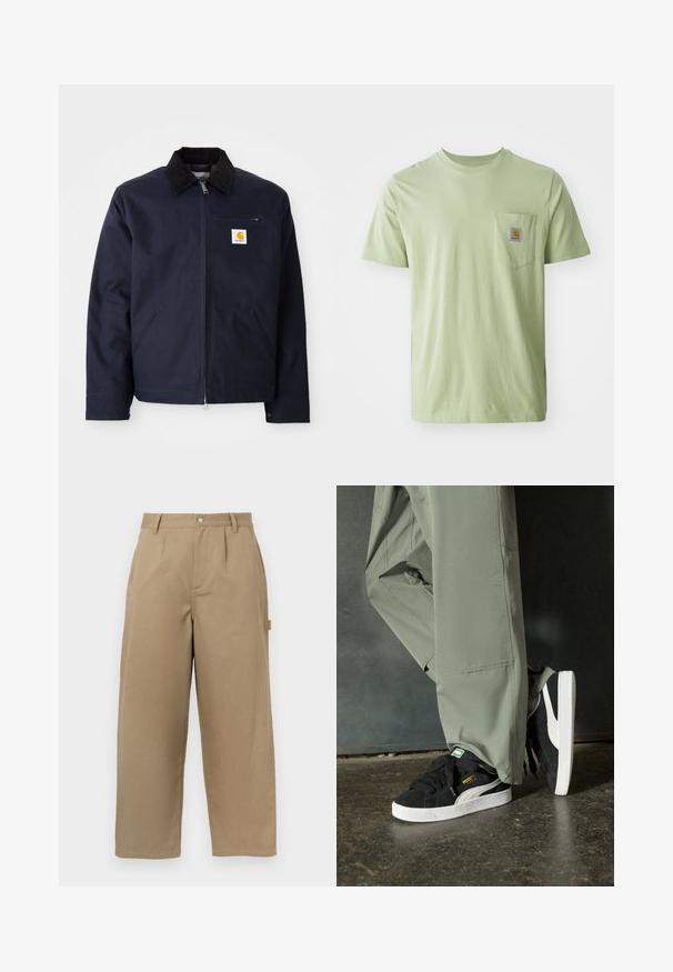 Veste bleu marine en toile avec un col en velours côtelé noir, fermeture éclair, poche avant et un patch logo sur la poitrine gauche.; T-shirt vert clair à manches courtes en tissu doux, comportant une poche poitrine avec une patch logo carré. Design simple et dépouillé.; Pantalons larges beiges en mélange de coton, dotés d'une taille haute, de plis avant et de deux poches latérales avec fermeture à bouton.; Baskets en daim noir avec des semelles en caoutchouc blanc et des rayures sur les côtés, associées à un pantalon cargo vert clair, posées sur une surface sombre texturée.
