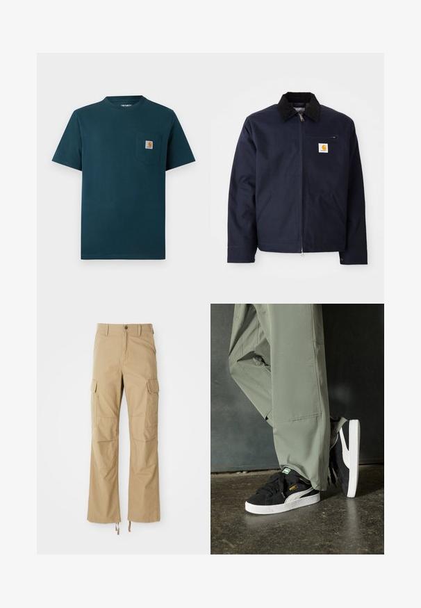 Granatowa kurtka z kanwy z czarnym kołnierzem z sztruksu, zamek błyskawiczny, kieszeń z przodu i naszywka z logo na lewej piersi.; Ciemnozielona koszulka z krótkim rękawem typu crew neck z kieszonką na piersi, ozdobiona małą naszywką z logo Carhartt.; Khaki spodnie cargo wykonane z trwałego materiału, z wieloma kieszeniami bocznymi, prostą nogawką i regulowanymi sznurkami u dołu.; Czarne zamszowe trampki z białymi gumowymi podeszwami i bocznymi paskami, w połączeniu z jasnoszarymi spodniami cargo, stoją na teksturowanej ciemnej powierzchni.