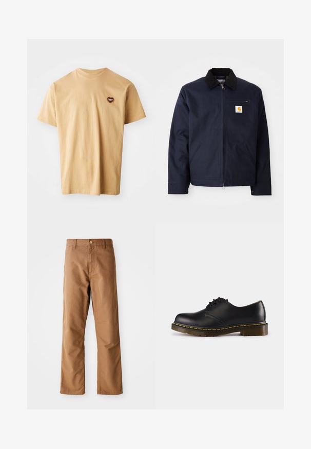 Marineblå jakke laget av lerret med krage i svart kordfløyel, glidelås foran, forlommer og logo-patch på venstre bryst.; Beige bomullstrøye med korte ermer, rund hals og en liten brun hjerte-logo på venstre brystområde. Glatt tekstur, uformell design.; Brune rette bukser med bæltestropper, frontlommer, knaplukning og lynlås på en hvid baggrund.; Sorte skinnsko med rund tå, snøringsdesign, gul søm langs sålen og en kraftig, teksturert gummisåle.