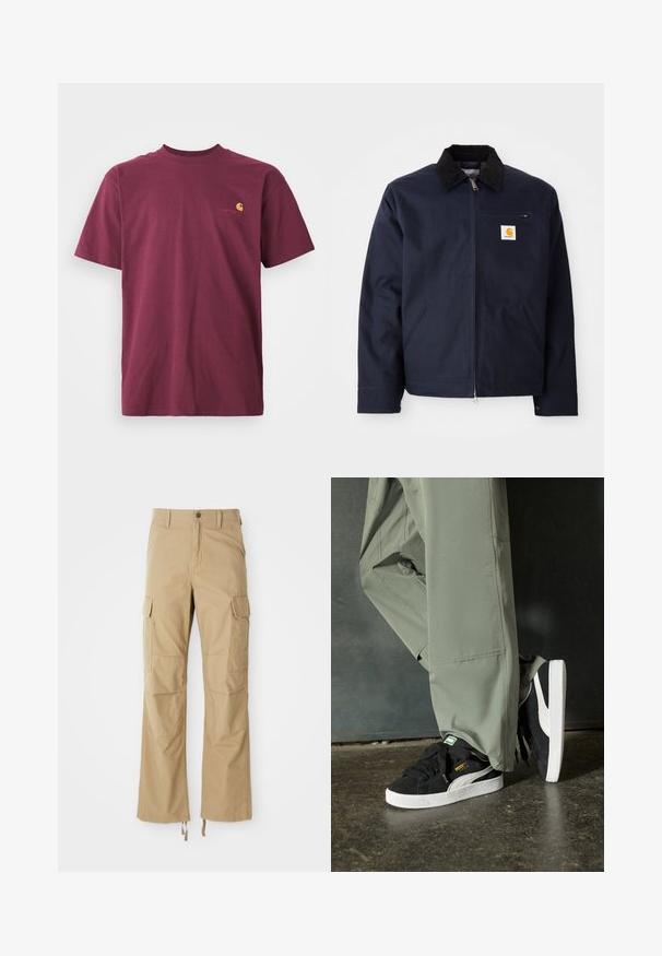 Navy blue jacket made of canvas with a black corduroy collar, zip closure, front pocket, and logo patch on left chest.; Burgundy cotton t-shirt with short sleeves and a rounded neckline. Features a gold embroidered logo on the chest. Plain design.; Khaki cargo pants made of durable fabric, featuring multiple side pockets, a straight leg design, and adjustable drawstrings at the hem.; Black suede sneakers with white rubber soles and side stripes, paired with light green cargo pants, standing on a textured dark surface.