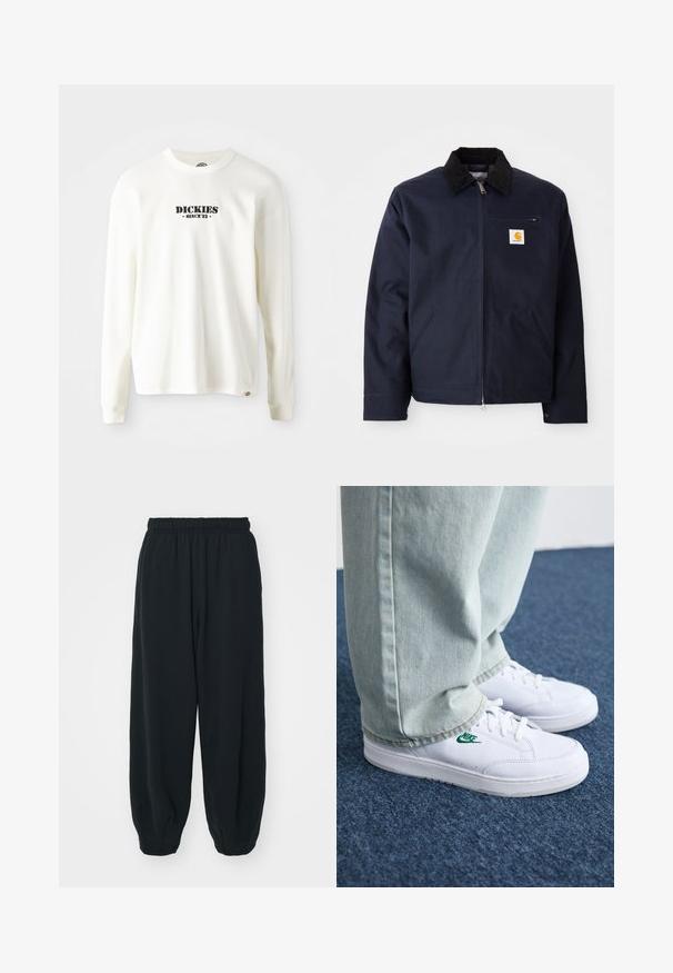 Mornarsko modra jakna iz platna s črnim kordinom na ovratniku, zadrgo, sprednjim žepom in logotipom na levi prsni strani.; Bela dolga majica s rebrasto teksturo in dolgimi rokavi, ki ima črn logotip "DICKIES" z napisom "SINCE '22" spodaj, okroglo ovratnik in manšetami.; Črne, elastične hlače za prosti čas z ohlapnim krojem, manšetami na gležnjih, gladko teksturo in brez vidnih vzorcev ali dodatkov.; Bela usnjena športna obutev z zelenim Nike logotipom, okrogla konica, ravna podplat, v kombinaciji z svetlo modrimi kavbojkami, prikazana na modrem preprogu.