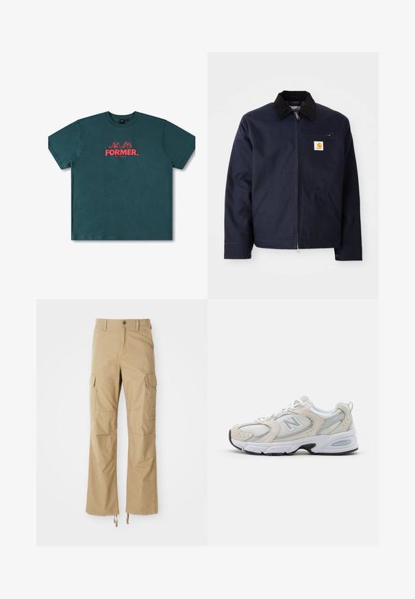 Marineblauwe jas van canvas met een zwart corduroy kraag, ritsluiting, een voorzak en een logo-opdruk op de linkerborst.; Teal katoenen T-shirt met korte mouwen, een ronde hals en een centrale grafische afbeelding met de tekst "FORMER." en speelse karakters in het rood.; Khaki cargobroek gemaakt van duurzaam materiaal, met meerdere zijzakken, een rechte pijpdesign en verstelbare koorden aan de zoom.; Atletiekschoen met een lichtgrijs mesh bovenwerk en suede accenten, witte veters en een zwarte rubberen zool. Opvallend ABZORB dempingdetail.