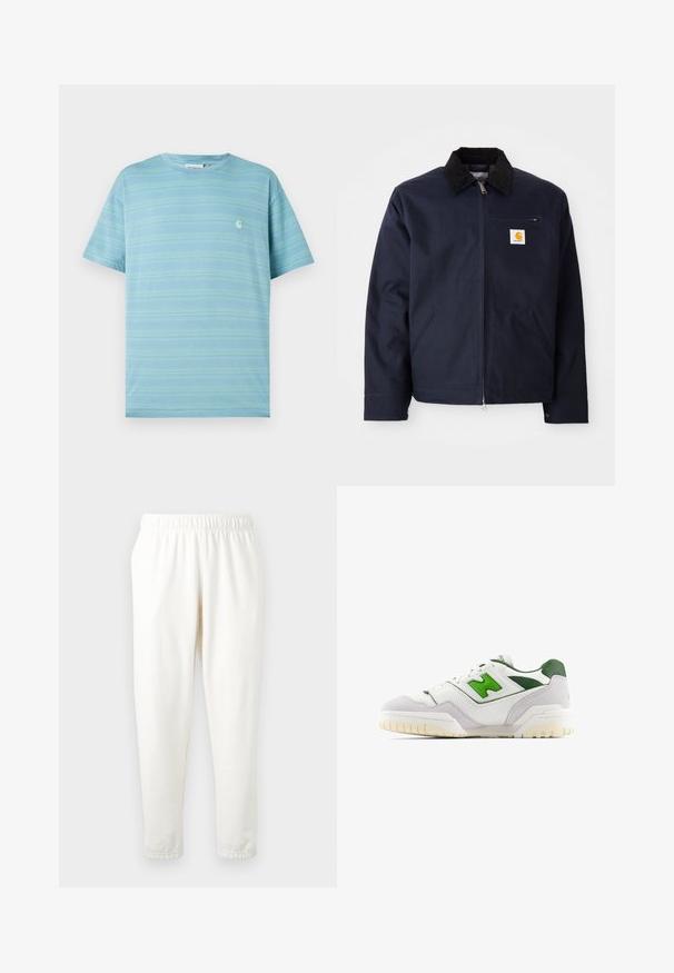 Marineblauwe jas van canvas met een zwart corduroy kraag, ritsluiting, een voorzak en een logo-opdruk op de linkerborst.; Lichtblauw T-shirt met korte mouwen, voorzien van horizontale strepen en een klein logo op de borst. Gemaakt van zachte stof met een losse pasvorm.; Elastische taille crèmekleurige joggingbroek met taps toelopende pijpen, gemaakt van zacht materiaal. Heeft een gladde textuur en geen zichtbare patronen of accenten.; Witte sneaker met groene accenten, gemaakt van leer en suède. Heeft een gestructureerde bovenkant, een gevoerde kraag en een rubberen zool met zichtbare loopnoppen.