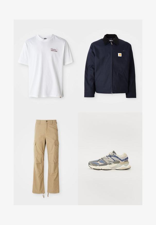 Jūras zila jaka, izgatavota no kanvas, ar melnu korduroja apkakli, ar rāvējslēdzēju, priekšējo kabatu un logotipa uzšuvumu kreisajā krūtī.; Baltas kokvilnas T-krekls ar "Dickies Donut House" logotipu sarkanā krāsā kreisajā krūtī, īsām piedurknēm un apaļu kakla izgriezumu.; Khaki kravu bikses, kas izgatavotas no izturīgas auduma, ar vairākiem sānu kabatām, taisnu kāju dizainu un regulējamiem saites apakšmalā.; Pelēki un zili sporta apavi ar teksturētu virsmu, kas sastāv no režģa un sintētiskajiem materiāliem, masīvu zoli un baltu un beigu akcentu.