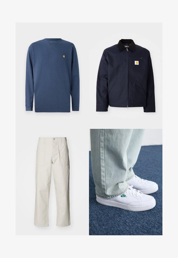 Mornarsko modra jakna iz platna s črnim kordinom na ovratniku, zadrgo, sprednjim žepom in logotipom na levi prsni strani.; Mornarica dolg rokav bombažno majico z okroglim izrezom, ki ima majhen zlat logotip na levem prsnem delu. Mehka tekstura, standardna kroj.; Svetlo bež široke hlače iz bombaža. Imajo sprednje žepe in gumbasto zapiranje. Gladka tekstura z subtilnimi navpičnimi črtami.; Bela usnjena športna obutev z zelenim Nike logotipom, okrogla konica, ravna podplat, v kombinaciji z svetlo modrimi kavbojkami, prikazana na modrem preprogu.