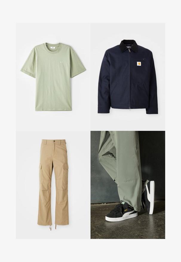Jūras zila jaka, izgatavota no kanvas, ar melnu korduroja apkakli, ar rāvējslēdzēju, priekšējo kabatu un logotipa uzšuvumu kreisajā krūtī.; Gaišzaļš kokvilnas T-krekls ar īsām piedurknēm, apaļu kakla izgriezumu un mazu baltu logo uz krūtīm. Mīksta tekstūra, ikdienas piegriezums un minimālistisks dizains.; Khaki kravu bikses, kas izgatavotas no izturīgas auduma, ar vairākiem sānu kabatām, taisnu kāju dizainu un regulējamiem saites apakšmalā.; Melnas zamšādas sporta kurpes ar baltām gumijas zole un sānu svītrām, saskaņotas ar gaiši zaļām cargo biksēm, stāvot uz teksturētas tumšas virsmas.