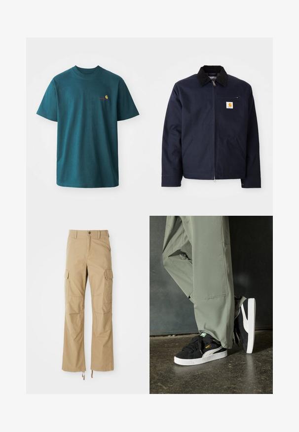 Jachetă albastru închis, din pânză, cu guler din catifea neagră, închidere cu fermoar, buzunar frontal și patch cu logo pe pieptul stâng.; Tricou din bumbac de culoare teal, cu mâneci scurte, gât rotund și un mic logo brodat în galben și roșu pe partea stângă a pieptului.; Pantaloni cargo khaki dintr-un material durabil, cu multiple buzunare laterale, design cu picior drept și șnururi ajustabile la tiv.; Adidași negri din piele întoarsă cu tălpi din cauciuc alb și dungi pe lateral, asortați cu pantaloni cargo verzi deschis, stând pe o suprafață texturată întunecată.