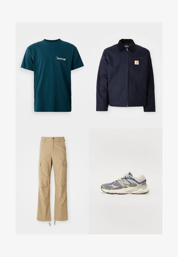 Marineblauwe jas van canvas met een zwart corduroy kraag, ritsluiting, een voorzak en een logo-opdruk op de linkerborst.; Teal katoenen T-shirt met korte mouwen en een ronde hals. Voorzien van een grafische print van "Carhartt WIP" aan de voorkant in het wit.; Khaki cargobroek gemaakt van duurzaam materiaal, met meerdere zijzakken, een rechte pijpdesign en verstelbare koorden aan de zoom.; Grijze en blauwe sneaker met een gestructureerde bovenkant, gemaakt van mesh en synthetische materialen, een chunky zool en een witte en beige accent.