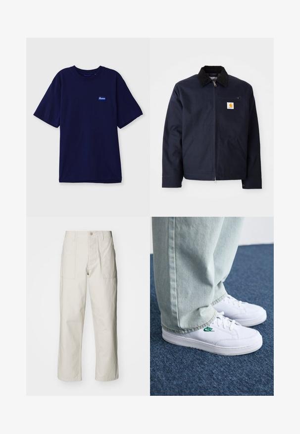 Casaco azul-marinho feito de lona, com gola de veludo cotelê preta, fecho com zíper, bolso frontal e patch de logo no lado esquerdo do peito.; T-shirt de algodão azul-marinho com decote redondo, mangas curtas e uma pequena etiqueta retangular da marca em azul e branco no lado esquerdo do peito.; Calças largas em bege claro, feitas de algodão. Apresentam bolsos frontais e fecho com botão. Textura suave com linhas verticais subtis.; Tênis de couro brancos com logo verde da Nike, bico redondo, sola plana, combinados com calças de denim azul claro, exibidos sobre um tapete azul.