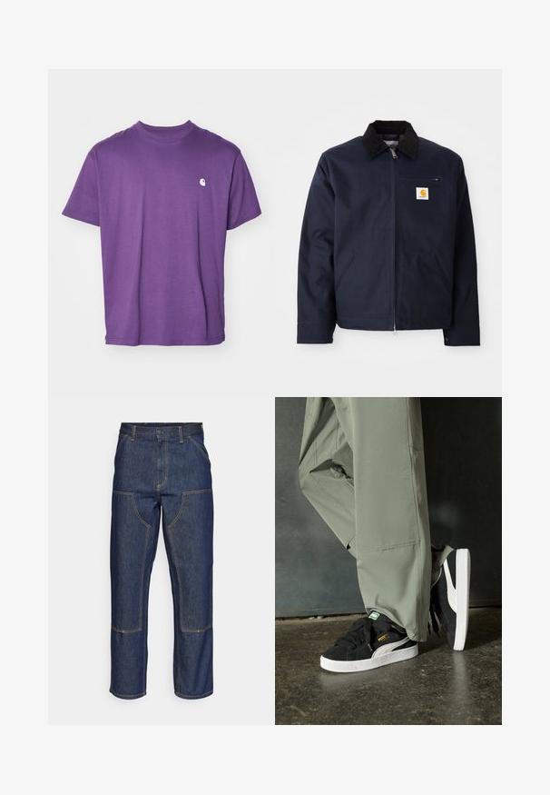 Jachetă albastru închis, din pânză, cu guler din catifea neagră, închidere cu fermoar, buzunar frontal și patch cu logo pe pieptul stâng.; Tricou din bumbac mov cu mâneci scurte, guler rotund și un mic logo alb pe partea stângă a pieptului. Textură netedă, design simplu.; Jeans din denim albastru închis cu talie înaltă, design cu picior drept, cusături contrastante și buzunare cu clapă în față.; Adidași negri din piele întoarsă cu tălpi din cauciuc alb și dungi pe lateral, asortați cu pantaloni cargo verzi deschis, stând pe o suprafață texturată întunecată.