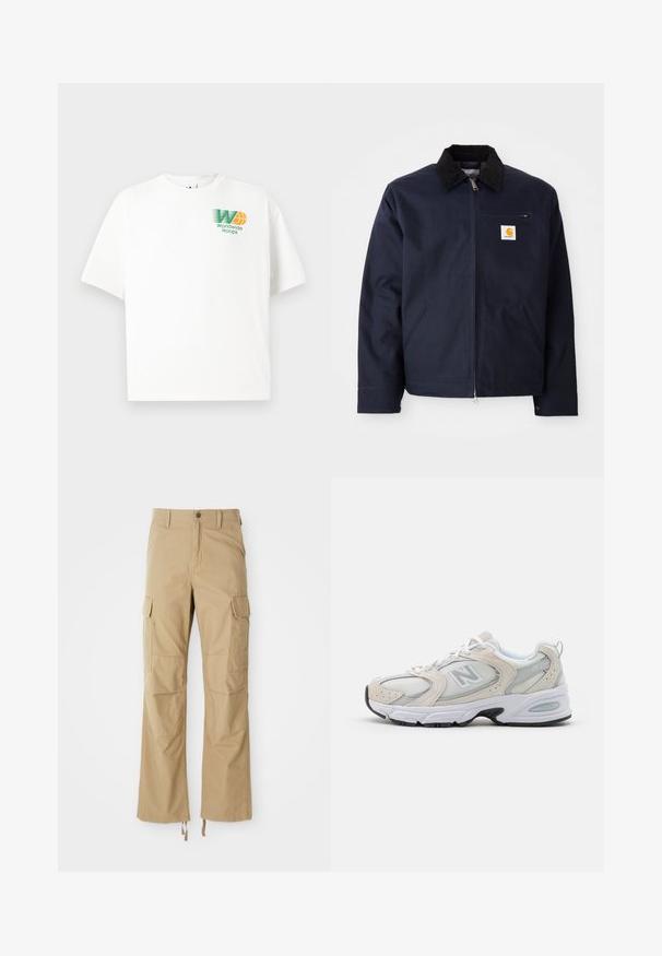 Jūras zila jaka, izgatavota no kanvas, ar melnu korduroja apkakli, ar rāvējslēdzēju, priekšējo kabatu un logotipa uzšuvumu kreisajā krūtī.; Balta kokvilnas T-kreklu ar brīvu piegriezumu. Uz kreisā krūškurvja ir zaļš un oranžs grafiskais logotips ar uzrakstu "Worldwide Hoops".; Khaki kravu bikses, kas izgatavotas no izturīgas auduma, ar vairākiem sānu kabatām, taisnu kāju dizainu un regulējamiem saites apakšmalā.; Sporta apavi ar gaiši pelēku sietu augšējo daļu un zamša akcents, baltiem šņorēm un melnu gumijas zoli. Ievērojamas ABZORB amortizācijas detaļas.