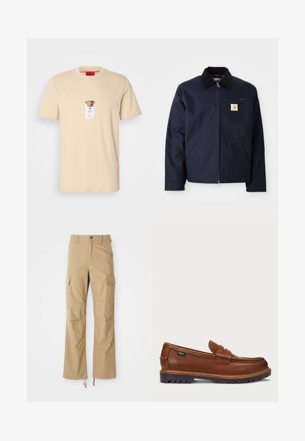 Námornícky modrá bunda z plátna s čiernym manžetovým golierom, zipsom na zapínanie, prednou vreckom a emblémom na ľavej hrudi.; Béžové bavlnené tričko s krátkymi rukávmi, s grafikou na prednej strane, ktorá pripomína vrecko so siluetou leva a logom v strede.; Khaki cargo nohavice vyrobené z odolnej tkaniny, s viacerými bočnými vreckami, s priamym strihom a so stiahnuteľnými šnúrkami na leme.; Hnedé kožené loafre s dekoratívnym prešívaním a textúrovanou špičkou. Podošva má robustný dizajn, ktorý poskytuje trakciu a odolnosť.