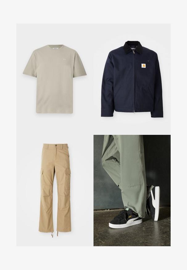 Jachetă albastru închis, din pânză, cu guler din catifea neagră, închidere cu fermoar, buzunar frontal și patch cu logo pe pieptul stâng.; Tricou din bumbac de culoare taupe deschis, cu mâneci scurte, decolteu rotund și un mic logo imprimat în zona stângă a pieptului. Textură moale și netedă.; Pantaloni cargo khaki dintr-un material durabil, cu multiple buzunare laterale, design cu picior drept și șnururi ajustabile la tiv.; Adidași negri din piele întoarsă cu tălpi din cauciuc alb și dungi pe lateral, asortați cu pantaloni cargo verzi deschis, stând pe o suprafață texturată întunecată.