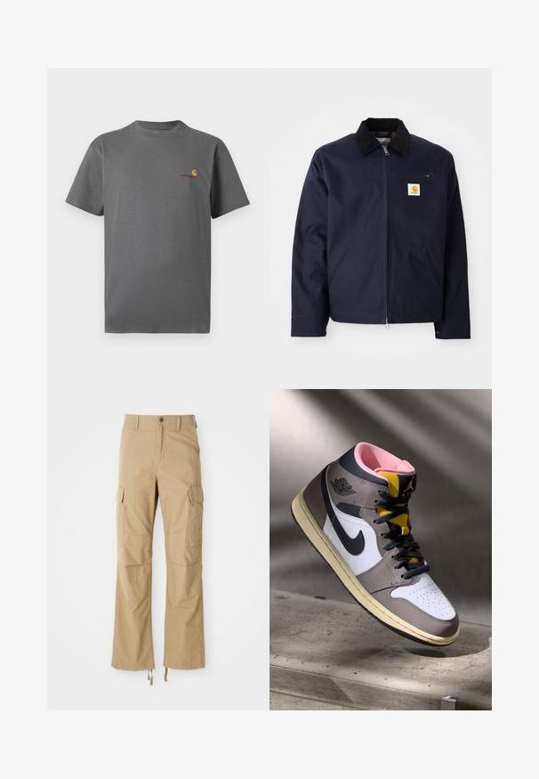 Navy blue jacket made of canvas with a black corduroy collar, zip closure, front pocket, and logo patch on left chest.; Gray short-sleeve t-shirt made of cotton; features a subtle logo in orange and burgundy on the chest. Basic crew neck design.; Khaki cargo pants made of durable fabric, featuring multiple side pockets, a straight leg design, and adjustable drawstrings at the hem.; High-top Nike Air Jordan sneaker in white, grey, and black with pink interior and yellow tongue, positioned on a concrete surface.