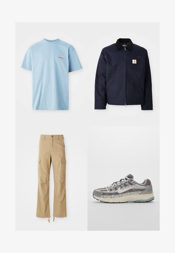 Merihenkinen sininen takki, joka on valmistettu kankaasta ja jossa on musta corduroy-kraavari, vetskarisulku, etutasku ja logopatchi vasemmassa rinnassa.; Vaaleansininen, lyhythihainen t-paita, joka on valmistettu puuvillasta. T-paidassa on pyöreä kaula-aukko ja pieni monivärinen Carhartt-logo vasemmassa rinnassa.; Kaki cargo-housut, jotka on valmistettu kestävästä kankaasta, joissa on useita sivutaskuja, suorat lahkeet ja säädettävät nyörit lahkeensuissa.; Harmaa urheilukenkä, jossa on verkko- ja mokkanahkainen yläosa, valkoiset yksityiskohdat, pehmustettu pohja ja erottuva muotoilu heijastavilla elementeillä.