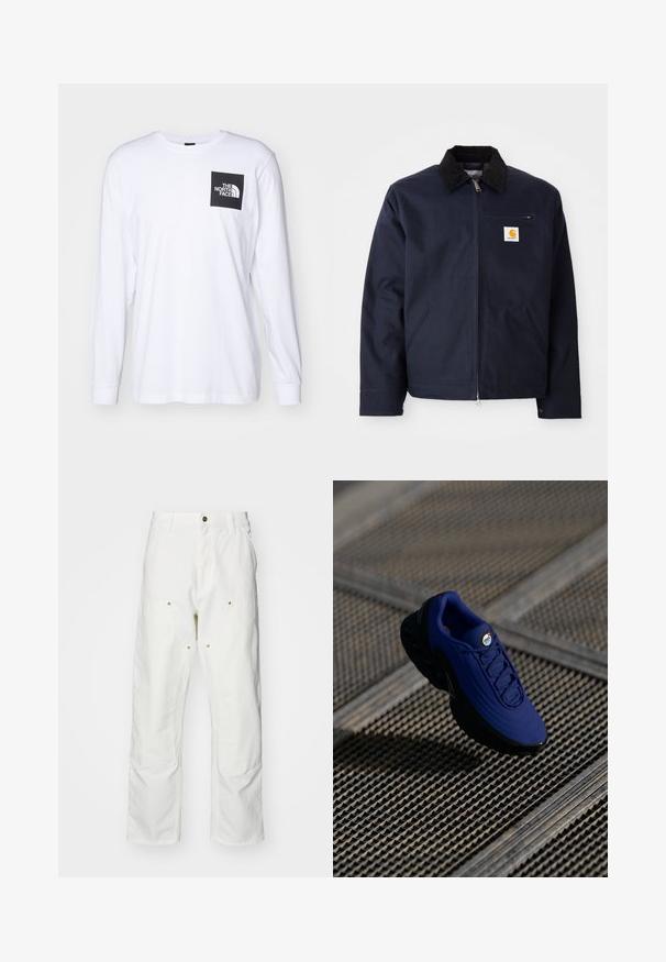 Navy blue jacket made of canvas with a black corduroy collar, zip closure, front pocket, and logo patch on left chest.; White long-sleeve t-shirt with black square logo reading "The North Face" on the upper left chest.; White cotton cargo pants with a relaxed fit. Features include front pockets, gold hardware accents, and reinforced knee sections.; Blue athletic shoe with a textured upper, black sole, and laces. Features "air" branding on the tongue and visible air cushioning elements.
