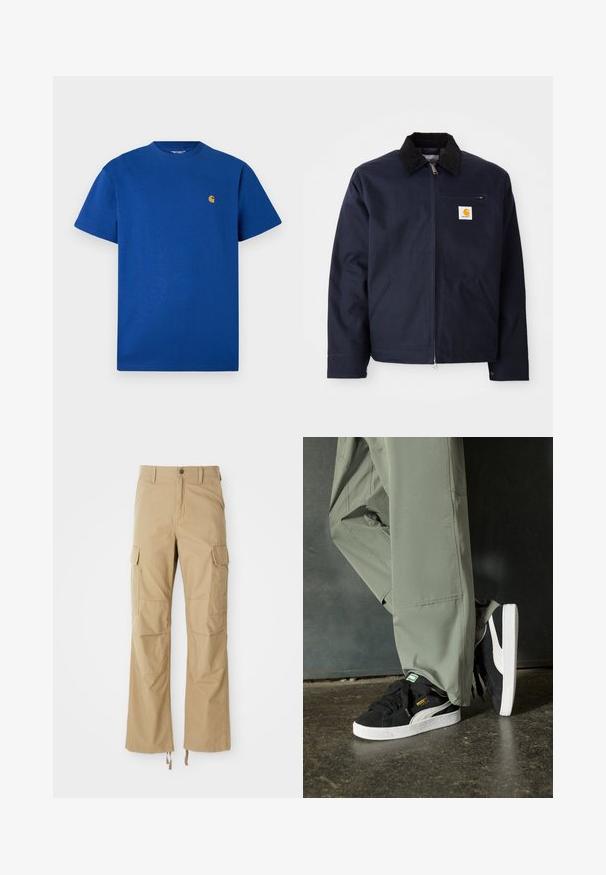Tamsiai mėlynas džinsinis švarkas su juodu kašmyro apvadų, užtrauktuku, priekinėmis kišenėmis ir logotipo užtrauktuku kairėje krūtinės pusėje.; Mėlynas medvilninis marškinėliai su apvaliu kaklu, trumpomis rankovėmis ir mažuoju auksiniu logotipu ant krūtinės. Lygus paviršius ir kasdieniška išvaizda.; Kakijų cargo kelnės, pagamintos iš tvirto audinio, su keliais šoniais kišeniais, tiesiais kojų kirpimais ir reguliuojamomis raištelėmis apatine dalimi.; Juodi suede sportbačiai su baltais guminiais padais ir šoninėmis juostelėmis, derinami su šviesiai žaliais kargo kelnais, stovintys ant tekstūruoto tamsaus paviršiaus.