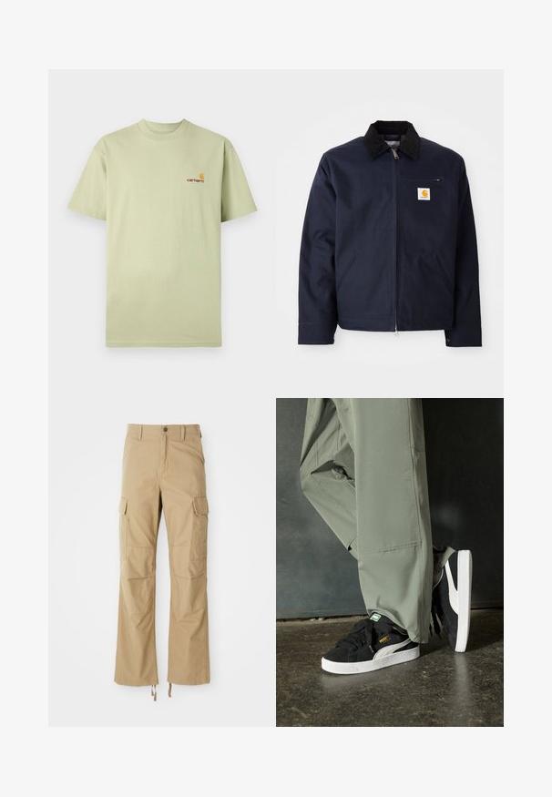 Tumed sinine keebus, mis on valmistatud kanvasest, musta kampsuni kraega, lukuga, ees taskuga ja logo plaastriga vasakul rinnal.; Hele roheline puuvillane T-särk lühikeste varrukatega ja ümar kaelus. Küllab on vasakul rinnaku piirkonnas väike oranž ja punane logo.; Khaki värvi cargo püksid, mis on valmistatud vastupidavast kangast, mitme küljetasku, sirge jala disaini ja reguleeritavate nööridega hemmi peal.; Mustad nubukist spordijalatsid valgete kummist tallade ja külgriidega, koos heleda rohelise cargo-pükstega, seistes tekstureeritud tumedal pinnasel.