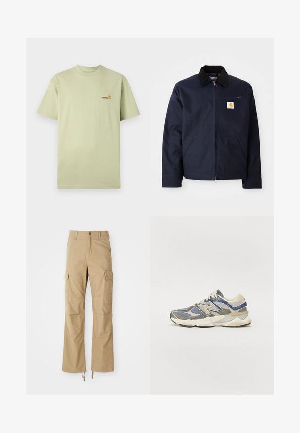 Námornícky modrá bunda z plátna s čiernym manžetovým golierom, zipsom na zapínanie, prednou vreckom a emblémom na ľavej hrudi.; Svetlozelené bavlnené tričko s krátkymi rukávmi a okrúhlym výstrihom. Má malé oranžové a červené logo na hornej ľavej časti hrude.; Khaki cargo nohavice vyrobené z odolnej tkaniny, s viacerými bočnými vreckami, s priamym strihom a so stiahnuteľnými šnúrkami na leme.; Sivé a modré tenisky s textúrovaným zvrškom, kombinujúce sieťovinu a syntetické materiály, s masívnou podrážkou a bielym a béžovým akcentom.