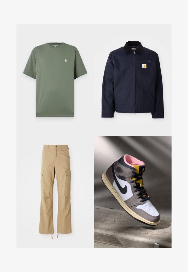 Mornarsko modra jakna iz platna s črnim kordinom na ovratniku, zadrgo, sprednjim žepom in logotipom na levi prsni strani.; Zelena bombažna majica s krožnim izrezom, kratkimi rokavi in majhnim belim logotipom na prsih. Gladka tekstura in sproščen kroj.; Khaki cargo hlače, izdelane iz trpežne tkanine, z več stranskimi žepi, ravnim krojem in nastavljivimi vrvicami na robu.; Visoke Nike Air Jordan superge v beli, sivi in črni barvi z rožnato notranjostjo in rumenem jeziku, nameščene na betonski površini.