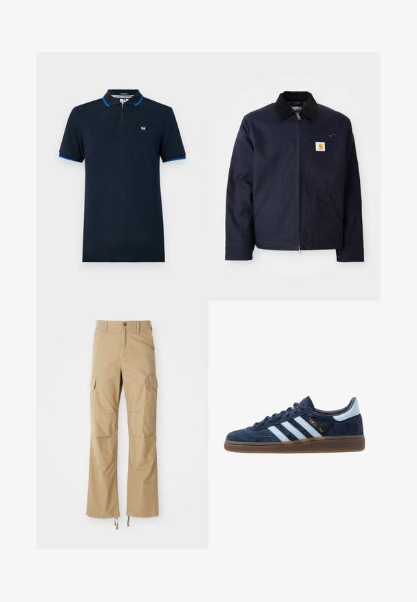 Tumed sinine keebus, mis on valmistatud kanvasest, musta kampsuni kraega, lukuga, ees taskuga ja logo plaastriga vasakul rinnal.; Tumedat sinise polo särk, mis on valmistatud siledast kangast, millel on tõmblukk kaelus, lühikesed varrukad siniste aktsentidega ja väike logo rinnal.; Khaki värvi cargo püksid, mis on valmistatud vastupidavast kangast, mitme küljetasku, sirge jala disaini ja reguleeritavate nööridega hemmi peal.; Tumesinine sametist Adidas tennis, helesiniste triipudega, kummist tallaga, helesinise kandetabiga ja kuldse "Spezial" brändimisega küljel.