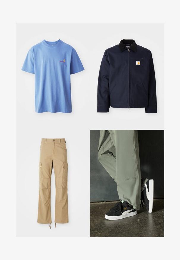 Tumed sinine keebus, mis on valmistatud kanvasest, musta kampsuni kraega, lukuga, ees taskuga ja logo plaastriga vasakul rinnal.; Hele sinine puuvillane T-särk lühikeste varrukatega ja ümmarguse kaelusega. Vasakul rinnal on väike oranž ja punane logo.; Khaki värvi cargo püksid, mis on valmistatud vastupidavast kangast, mitme küljetasku, sirge jala disaini ja reguleeritavate nööridega hemmi peal.; Mustad nubukist spordijalatsid valgete kummist tallade ja külgriidega, koos heleda rohelise cargo-pükstega, seistes tekstureeritud tumedal pinnasel.