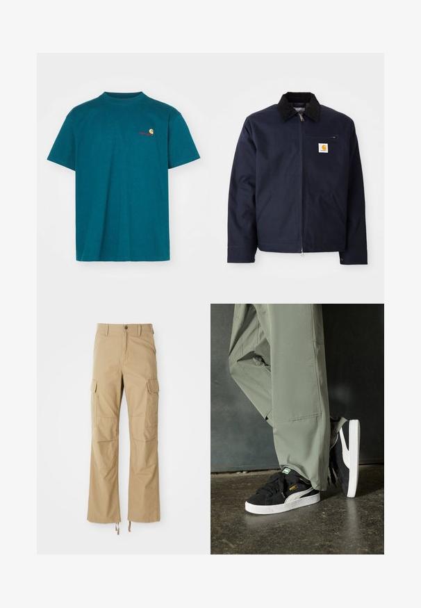 Mornarsko modra jakna iz platna s črnim kordinom na ovratniku, zadrgo, sprednjim žepom in logotipom na levi prsni strani.; Zelena bombažna majica s krojim ovratnikom. Ima majhen oranžno-rdeč logotip na levi strani prsnega koša. Kratki rokavi in sproščen kroj.; Khaki cargo hlače, izdelane iz trpežne tkanine, z več stranskimi žepi, ravnim krojem in nastavljivimi vrvicami na robu.; Črne semšaste športne copate z belimi gumijastimi podplati in stranskimi črtami, v kombinaciji s svetlo zelenimi cargo hlačami, ki stojijo na teksturirani temni površini.