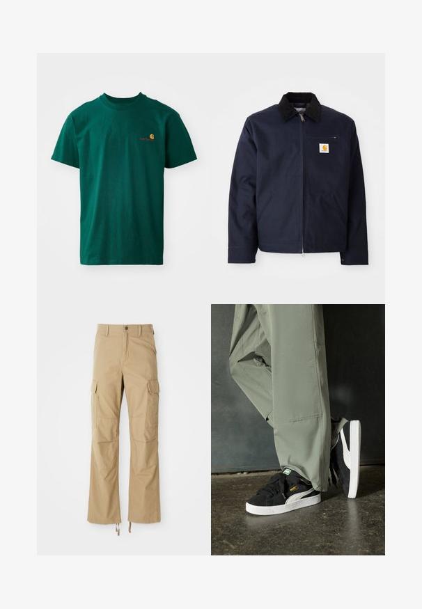 Marineblauwe jas van canvas met een zwart corduroy kraag, ritsluiting, een voorzak en een logo-opdruk op de linkerborst.; Groene katoenen t-shirt met een ronde hals en korte mouwen. Bevat een klein, contrasterend logo in oranje en rood op de linkerkant van de borst.; Khaki cargobroek gemaakt van duurzaam materiaal, met meerdere zijzakken, een rechte pijpdesign en verstelbare koorden aan de zoom.; Zwarte suède sneakers met witte rubberen zolen en zijstrepen, gecombineerd met lichtgroene cargobroeken, staande op een gestructureerd donker oppervlak.