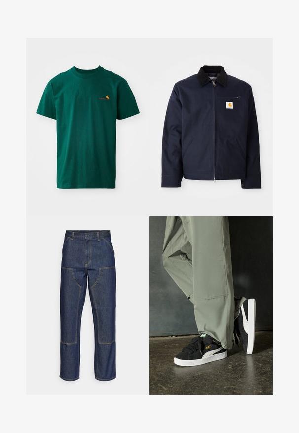 Jūras zila jaka, izgatavota no kanvas, ar melnu korduroja apkakli, ar rāvējslēdzēju, priekšējo kabatu un logotipa uzšuvumu kreisajā krūtī.; Zaļš kokvilnas T-krekls ar apaļu kakla izgriezumu un īsām piedurknēm. Uz kreisās krūšu daļas ir neliels kontrastējošs logo oranžā un sarkanā krāsā.; Tumši zili džinsi ar augstu jostasvietu, taisnu kāju dizainu, kontrastējošām šuvēm un kabatām priekšā.; Melnas zamšādas sporta kurpes ar baltām gumijas zole un sānu svītrām, saskaņotas ar gaiši zaļām cargo biksēm, stāvot uz teksturētas tumšas virsmas.