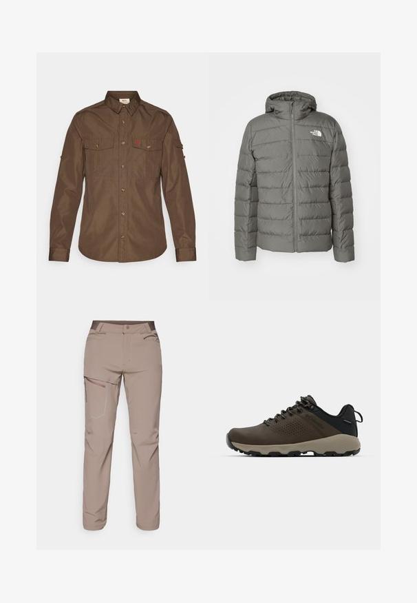 Siva puhovka s kapuco, ki ima zadrgo, horizontalni prešiti vzorec in logo na levem prsnem delu.; Rjava srajca z dolgimi rokavi, izdelana iz tkanine z gladko teksturo. Ima dve prsni žepi, sprednje zapenjanje na gumbe in logotip na levi strani.; Salomon WAYFARER PANTS - Hlače za na prostem - iron; Rjave vodoodporne superge z teksturiranim zgornjim delom, perforiranimi detajli, črno podporo za peto in sivo gumijasto podlogo. Šnure imajo metalne konice.