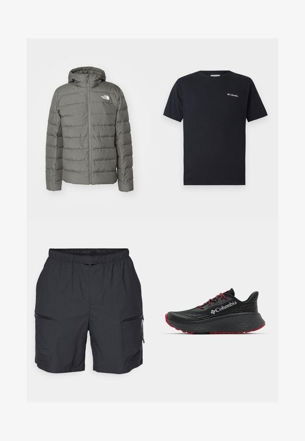 Szürke puffdzseki kapucnival, amely cipzárral záródik, vízszintes steppelt mintázattal rendelkezik, és a bal mellkas területén logó található.; Fekete, rövid ujjú póló, amely pamutból készült, a bal mellrészen egy kis fehér Columbia logóval. Klasszikus kerek nyakú és laza szabású.; Fekete sportnadrág elasztikus derékkal, két cipzáros zsebbel az oldalán, valamint sima, könnyű anyagból készült. Keresztbe futó varrásokkal rendelkezik.; Fekete sportcipő texturált felsőrésszel, piros fűzőkkel és logóval. Vastag talp, mintás járófelülettel a tapadásért. Minimalista dizájn, oldalnézet.