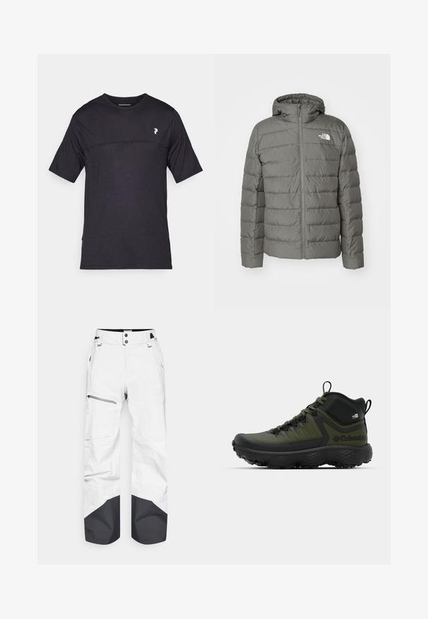 Sivá prešívaná bunda s kapucňou, so zipsovým zapínaním, horizontálnym prešívaním a logom na ľavej strane hrude.; Peak Performance TRAIL - Tričko s potlačou - black; Biele snehové nohavice s čiernymi akcentmi na leme, s bočnou vreckom na zips a sponou na zapínanie. Vyrobené z materiálu odolného voči poveternostným vplyvom.; Columbia ESCAPE THRIVE TITANIUM MID - Turistické topánky - nori/black