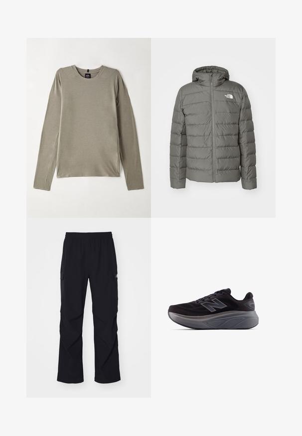 Gray puffer jacket with a hood, featuring a zip closure, horizontal quilted pattern, and a logo on the left chest area.; Long-sleeved, crew neck top in light gray fabric. Features flat seams and side slits for ease of movement, with a smooth, soft texture.; Black cargo pants made of lightweight material, featuring an elastic waistband, side pockets, and a straight leg design.; Black athletic shoe with a textured upper, reinforced heel, and a thick gray sole. Features a prominent "N" logo.