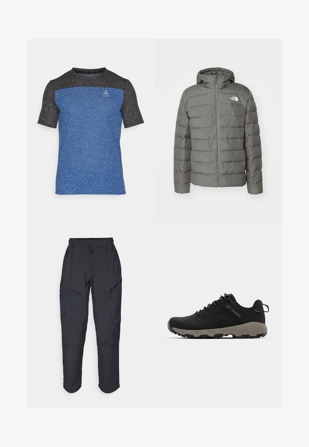 Gray puffer jacket with a hood, featuring a zip closure, horizontal quilted pattern, and a logo on the left chest area.; Short-sleeve athletic shirt with blue body and black shoulders, made from textured fabric, featuring a small logo on the front.; Black cargo pants made from a lightweight, water-resistant material; features elastic waistband, multiple zippered pockets, and tapered legs.; Black hiking shoe with a smooth upper, perforated design, gray outsole, and reinforced heel. Features laces and a pull tab for easy wear.