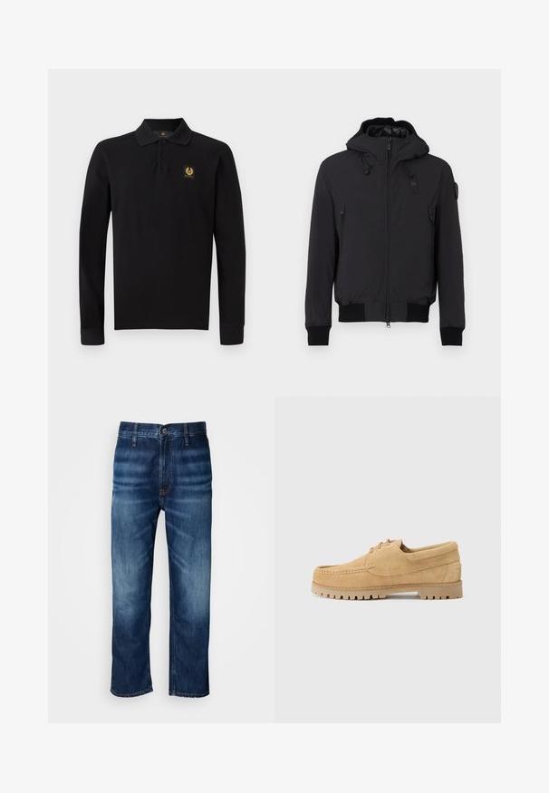 Svart hettejakke med glidelås foran, sidelommer, ribbestrikkede mansjetter og bunnkant. Jevn ytre overflate og isolert innside.; Svart langermet polo-skjorte laget av bomull. Har klassisk krage, tre-knapps skjæring og et gull-emblem på venstre bryst.; Mørkeblå straight-leg denimjeans med subtil falming på lårene og en knappelukking i midjen, vist på en hvit bakgrunn.; Brune suedesko med mokasindesign, med rund tå, snøring og en tykk, teksturert gummisåle med mønster.