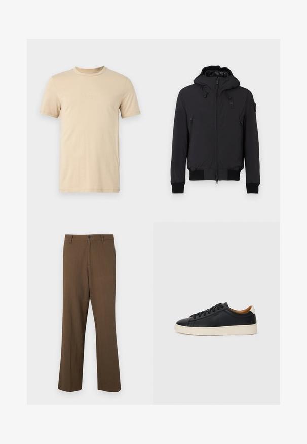 Melnā kapuce ar rāvējslēdzēju priekšpusē, sānu kabatām, ribotu aproču un apakšmalu. Gluda ārējā virsma un izolēta iekšpuse.; Beige kokvilnas T-krekls ar īsām piedurknēm, aplokšķērsuma apkakle un reljefa LOGO teksts priekšpusē. Gluda tekstūra un standarta piegriezums.; Brūnas, taisnas kājas bikses, izgatavotas no teksturēta auduma, ar pogu aizdari un standarta jostasvietu, ar sānu kabatām un piegriezumu šuvēm.; Melni ādas sporta apavi ar gludu tekstūru, bēša krāsas gumijas zole, auklu aizdare un kontrastējošs papēža akcents.