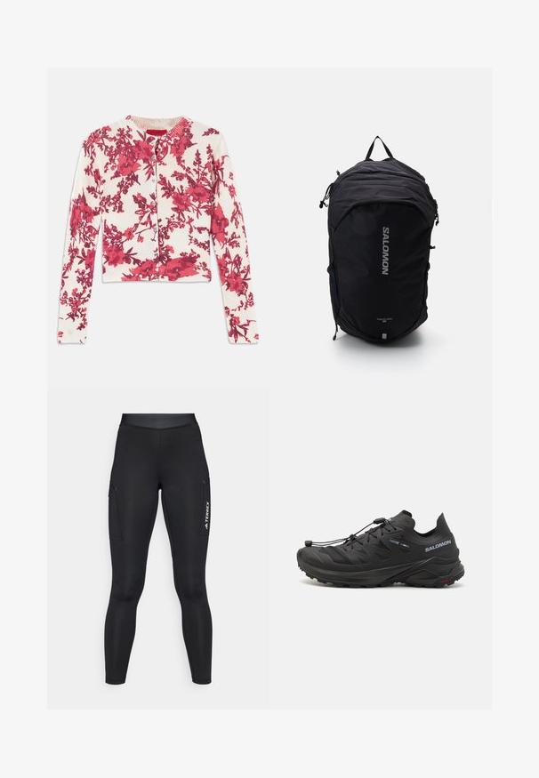 Terrex wasserdichte Jacke, leuchtend orange, leichtes Material, durchgehender Reißverschluss, Kapuze, reflektierende Akzente an den Ärmeln, glatte Textur.; Rote Strickjacke mit floralem Muster aus einem weichen, elastischen Stoff, mit rundem Halsausschnitt und gerippten Bündchen, die eine Knopfleiste auf der Vorderseite hat.; Schwarze sportliche Leggings mit enganliegendem Design, aus elastischem Material gefertigt. Enthält Seitentaschen und weiße "TERREX"-Branding.; Schwarze Trailrunning-Schuhe mit einem strukturierten Obermaterial, Netzpanelen und einem sicheren Verschlusssystem. Verfügt über eine robuste Außensohle für besten Halt.; Schwarzer Rucksack mit einem schlanken Design, strukturiertem Stoff, verstellbaren Trägern und einem auffälligen silbernen "SALOMON"-Logo auf der Vorderseite.