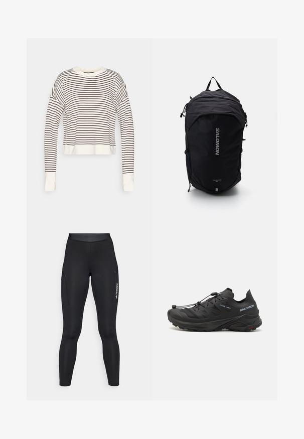 Terrex waterproof jacket, bright orange, lightweight fabric, full zip, hood, reflective accents on sleeves, smooth texture.; Cropped long-sleeve top in cream with dark brown horizontal stripes. Features a round neckline and fitted cuffs. Soft fabric texture.; Black athletic leggings with a fitted design, made of stretchy material. Features side pockets and white "TERREX" branding.; Black trail running shoes with a textured upper, mesh panels, and a secure fastening system. Features a rugged outsole for traction.; Black backpack with a streamlined design, textured fabric, adjustable straps, and a prominent silver "SALOMON" logo on the front.