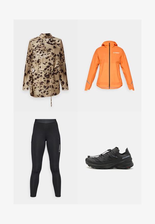 Terrex waterproof jacket, bright orange, lightweight fabric, full zip, hood, reflective accents on sleeves, smooth texture.; Leopard print long-sleeve blouse in beige satin, featuring a funnel neck, drawstring waist, and a smooth, glossy texture.; Long-sleeve white athletic top with mock neck and small centered logo on chest, displayed on a plain background.; Black athletic leggings with a fitted design, made of stretchy material. Features side pockets and white "TERREX" branding.; Black trail running shoes with a textured upper, mesh panels, and a secure fastening system. Features a rugged outsole for traction.